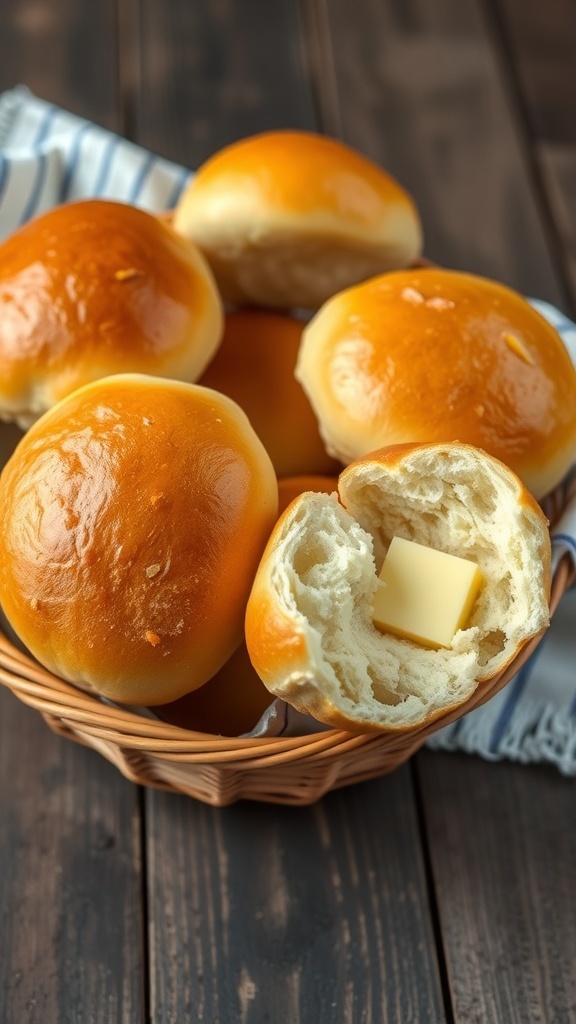 A basket of warm, fluffy yeast rolls with a golden crust, accompanied by a dish of butter.